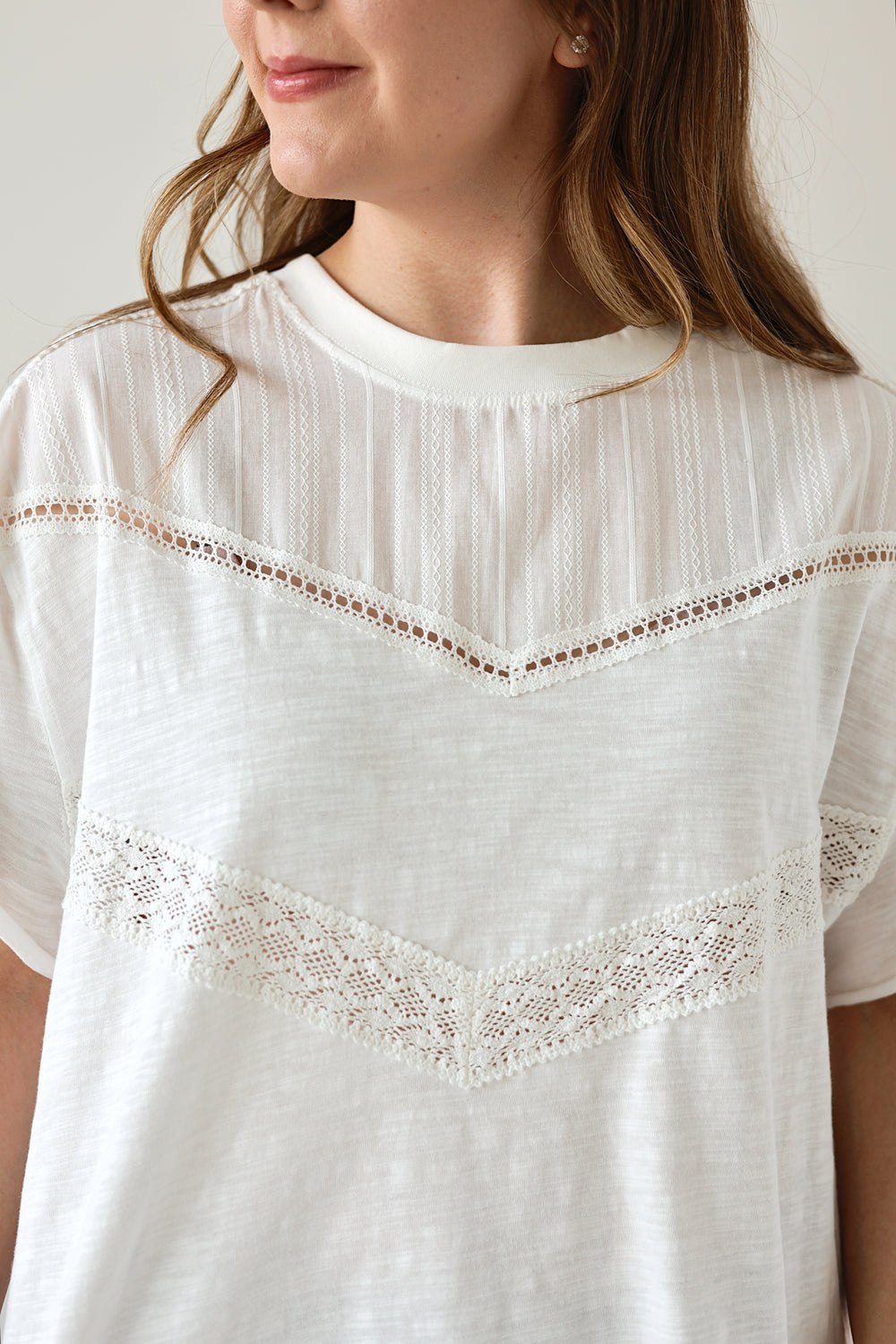 Close-up of the Camille white cotton top featuring delicate lace detailing