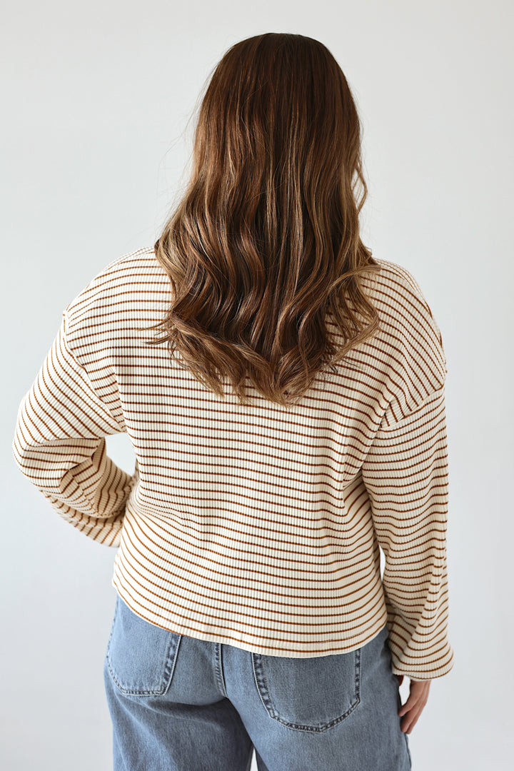 Back view of the Alessia striped ribbed top showing its relaxed silhouette