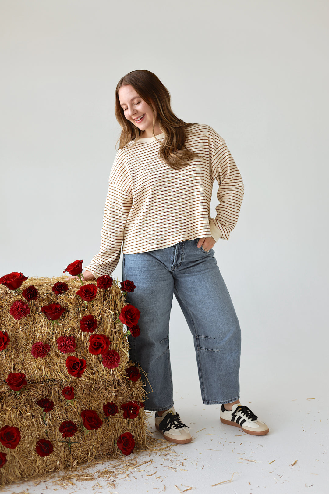 Alessia striped ribbed long sleeve top styled with denim for an effortless fall outfit