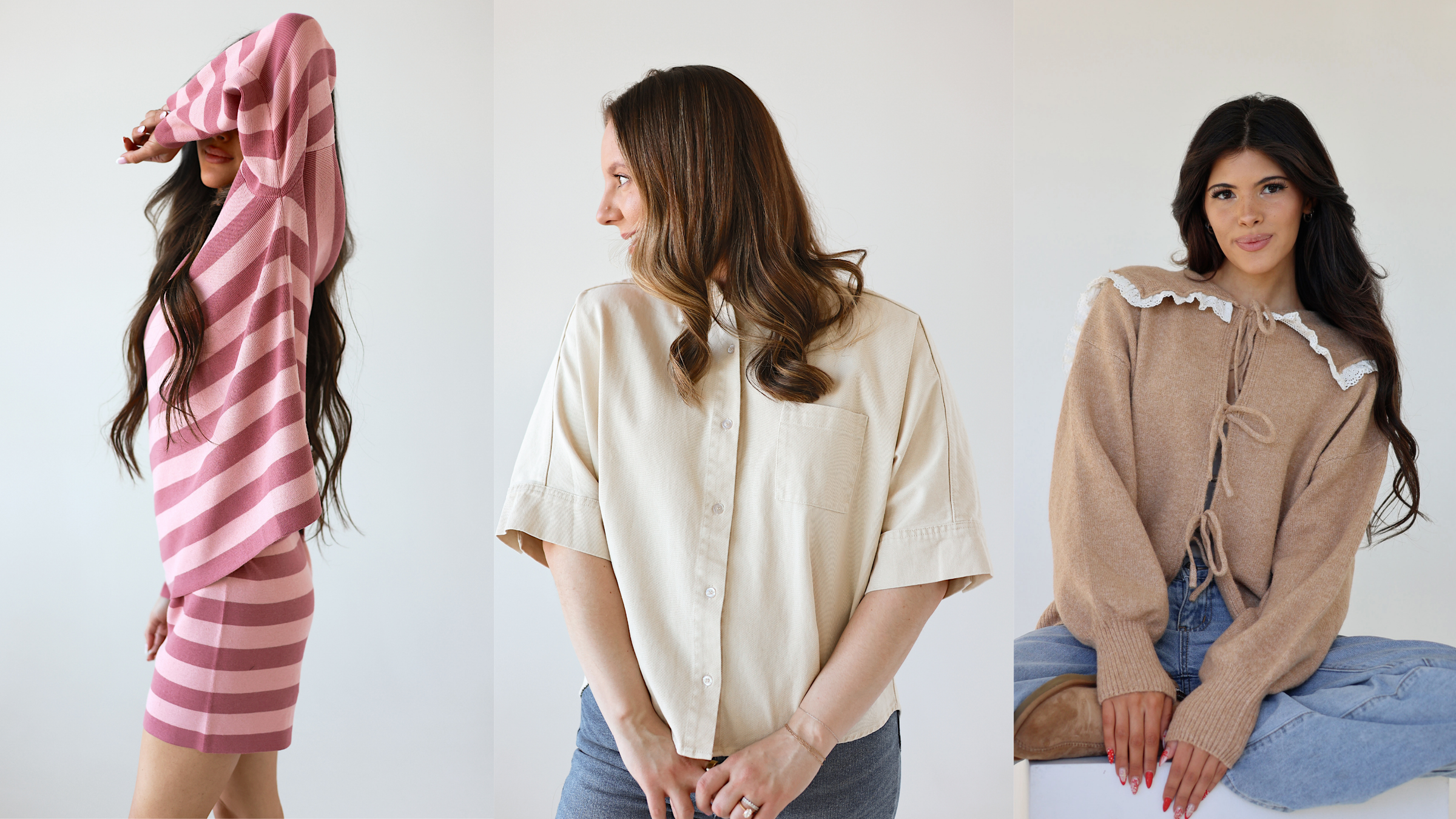 Three women modeling different casual outfits against a plain white background: a pink and white striped hoodie dress, a cream short-sleeve button-up shirt, and a beige knit sweater with white ruffle trim.