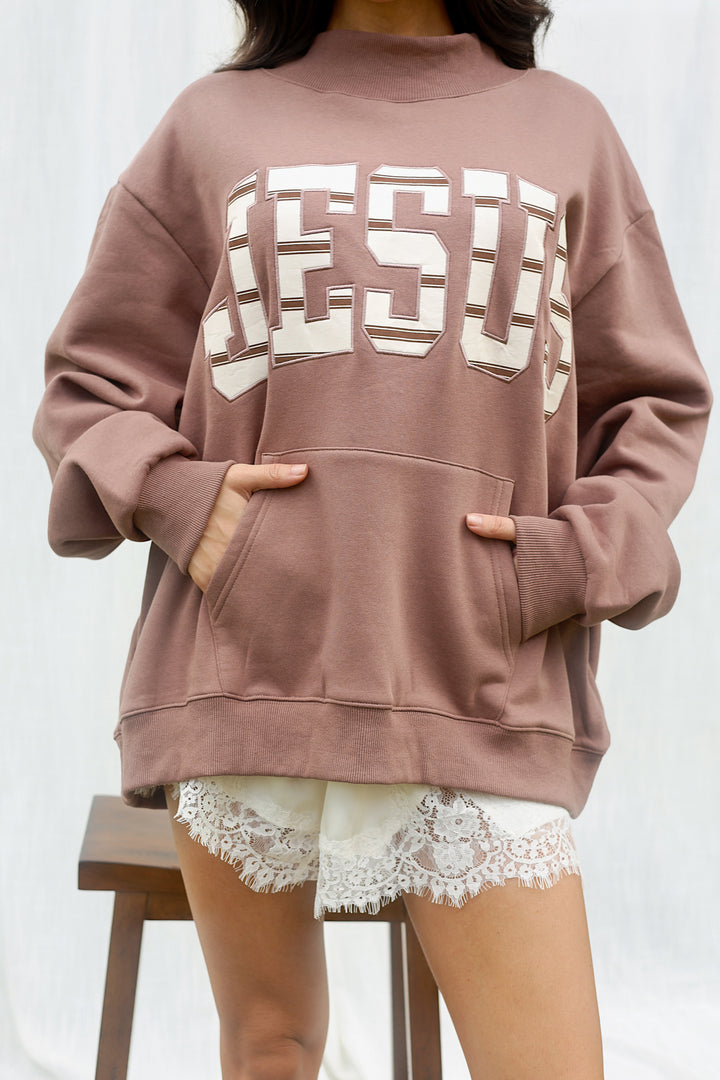 JESUS Striped Appliqué Mockneck Sweatshirt