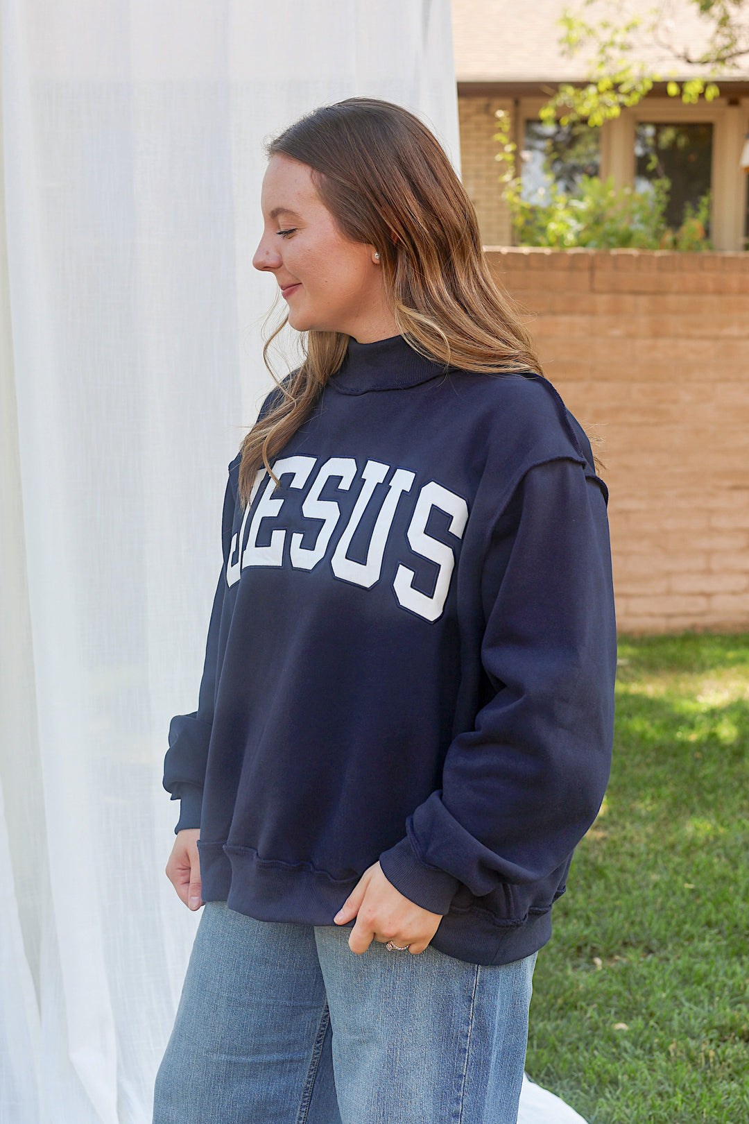 JESUS Navy Embroidered Mockneck Sweatshirt