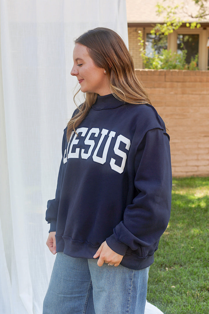 JESUS Navy Embroidered Mockneck Sweatshirt