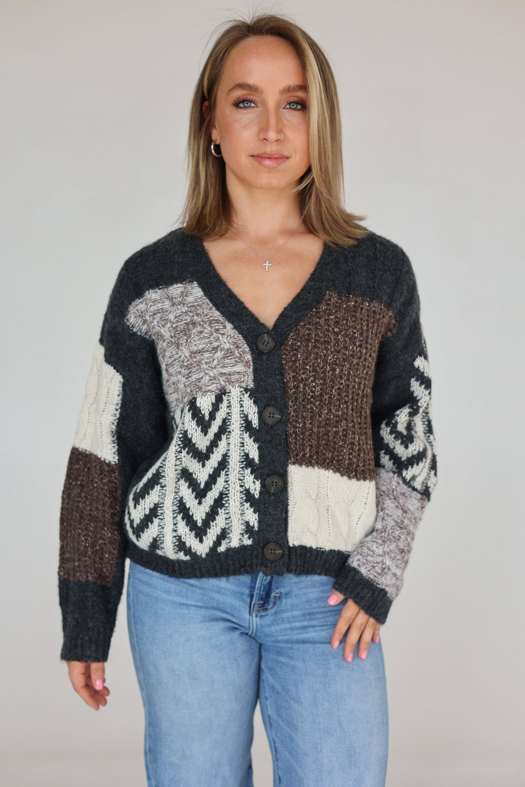 Cara Relaxed Patchwork Button - Front Knit Cardigan - Bacio & Co.