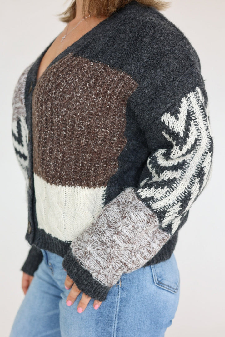 Cara Relaxed Patchwork Button - Front Knit Cardigan - Bacio & Co.