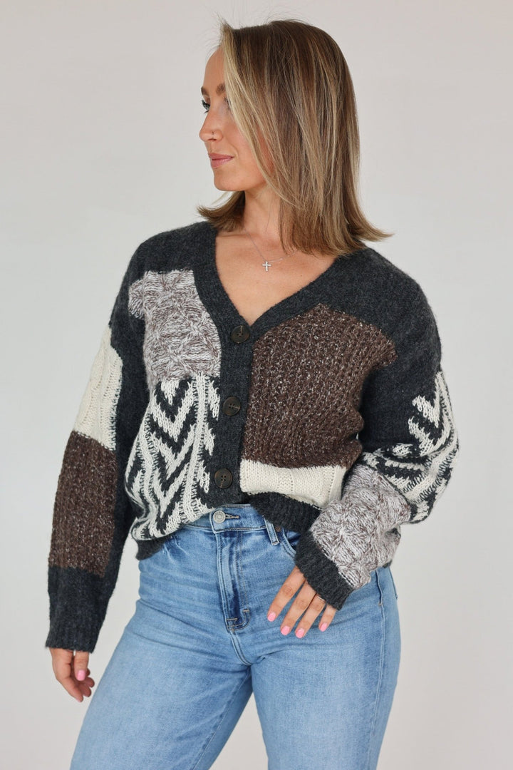 Cara Relaxed Patchwork Button - Front Knit Cardigan - Bacio & Co.