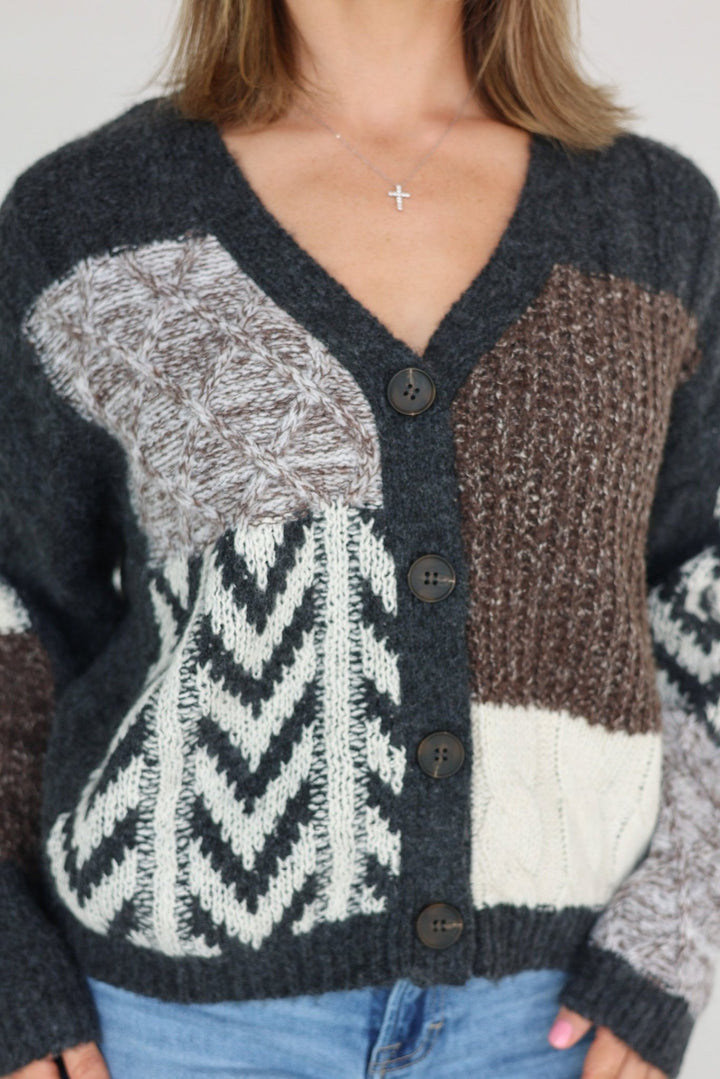 Cara Relaxed Patchwork Button - Front Knit Cardigan - Bacio & Co.