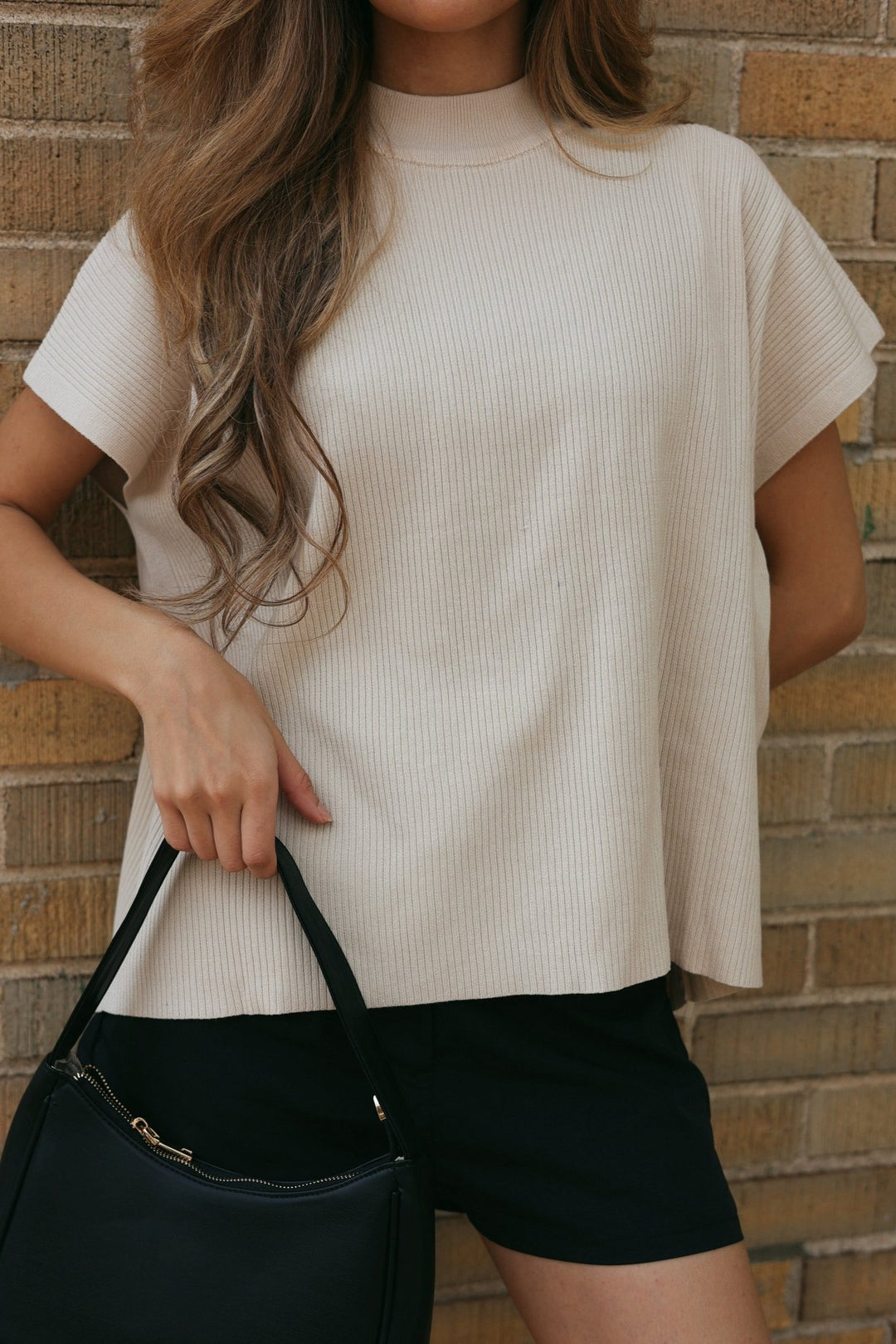 Claire Ribbed Mockneck Short Sleeve Knit Top - Bacio & Co.