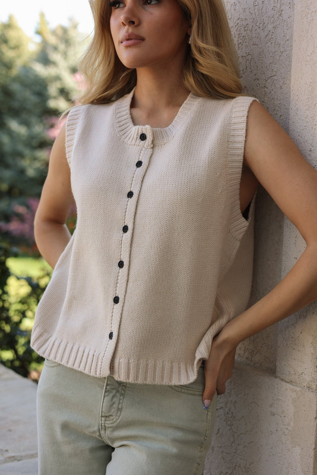 Clairo Structured Knit Button - Down Vest - Bacio & Co.