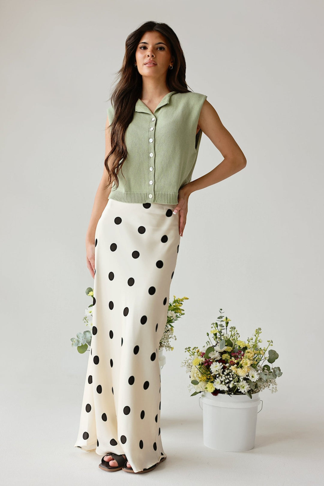 Classic Polka Dot Satin High - Waisted Maxi Skirt - Bacio & Co.