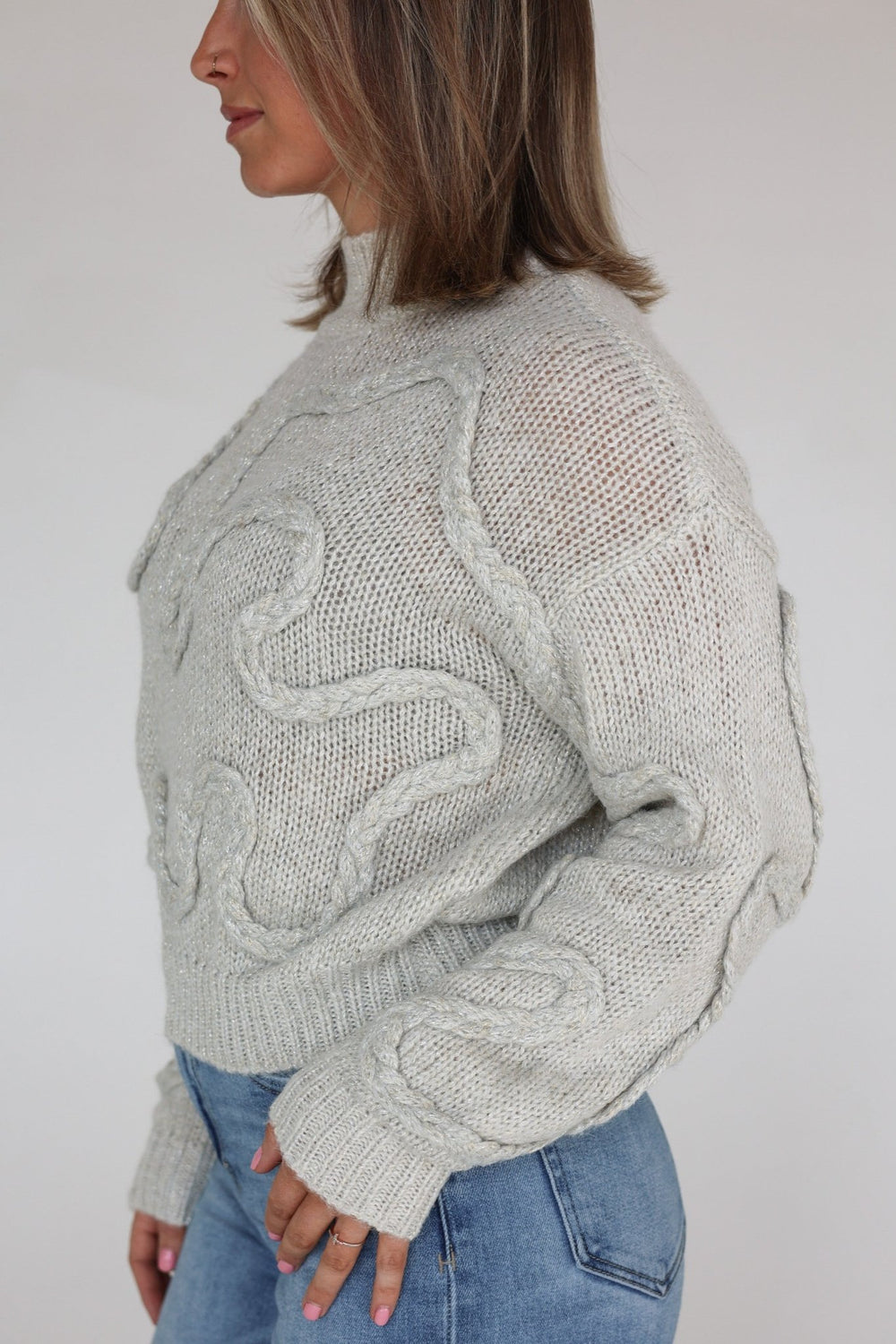Dolce Textured Ivory Shimmer Cable Knit Sweater - Bacio & Co.