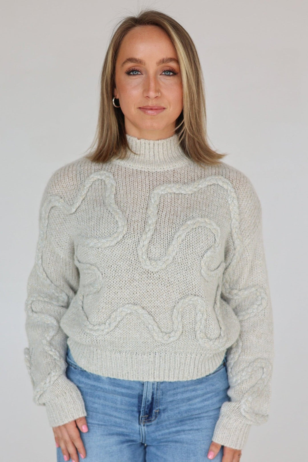 Dolce Textured Ivory Shimmer Cable Knit Sweater - Bacio & Co.