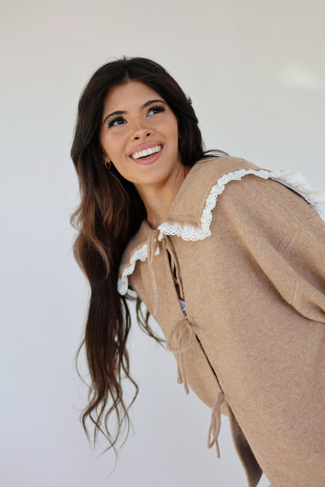 Eliza Lace Collar Oversized Cardigan – Vintage Bow Tie Knit - Bacio & Co.