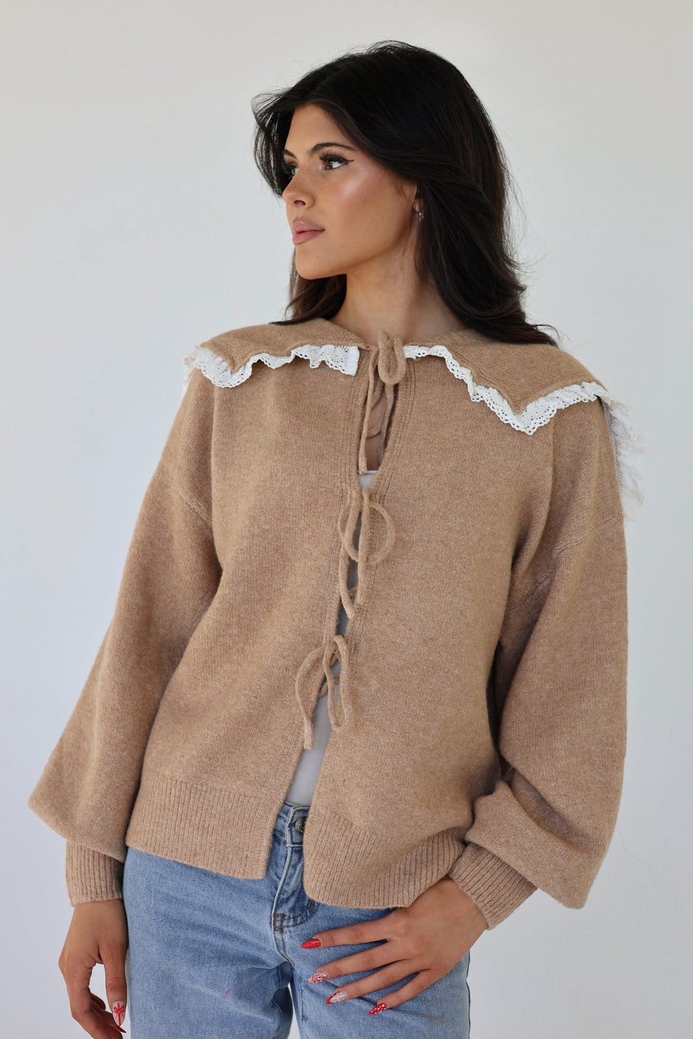 Eliza Lace Collar Oversized Cardigan – Vintage Bow Tie Knit - Bacio & Co.