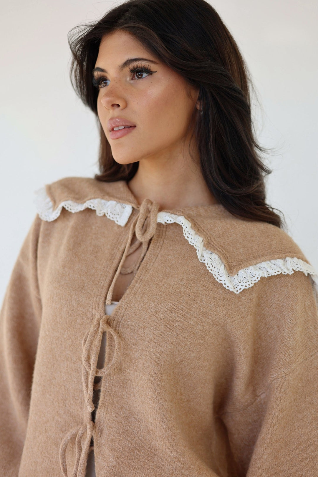 Eliza Lace Collar Oversized Cardigan – Vintage Bow Tie Knit - Bacio & Co.