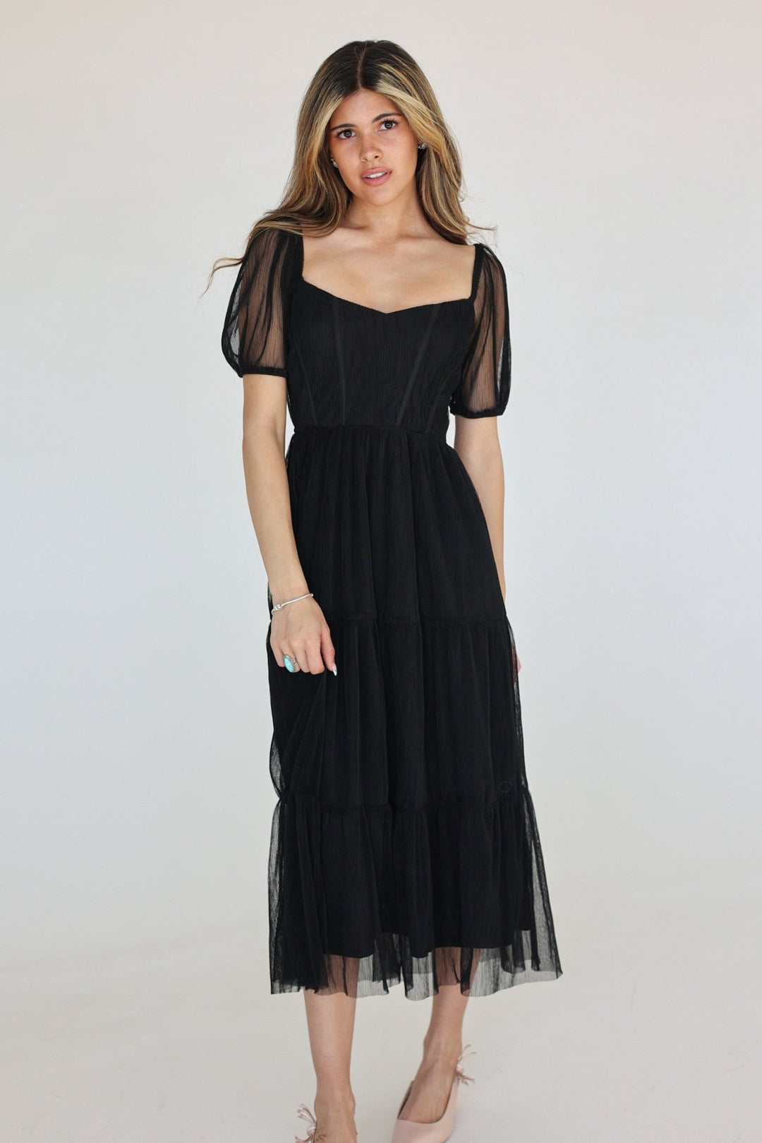 Ella Puff Sleeve Romantic Midi Dress - Bacio & Co.