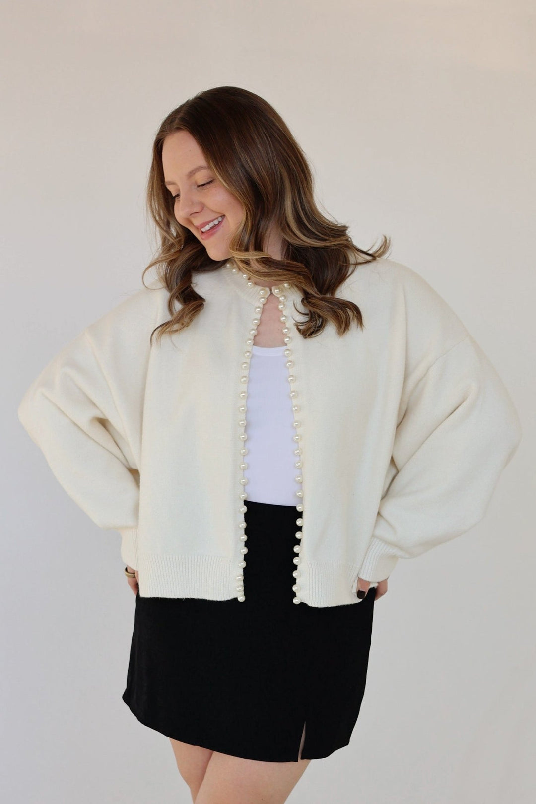Eloise Pearl Embellished Ivory Knit Cardigan - Bacio & Co.