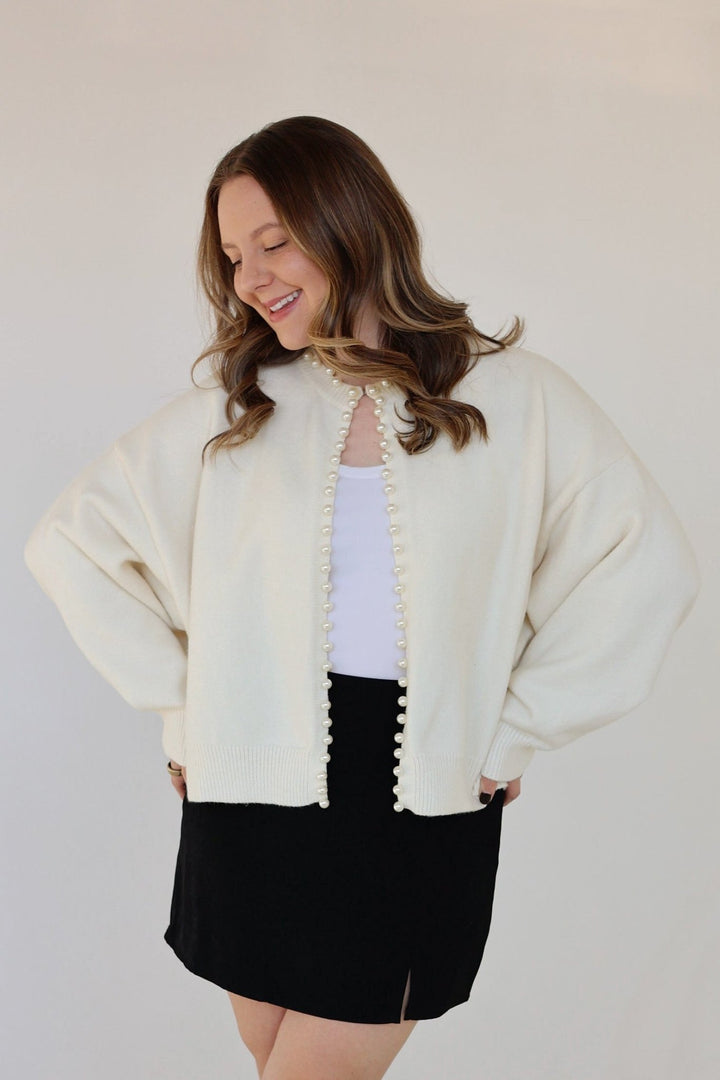 Eloise Pearl Embellished Ivory Knit Cardigan - Bacio & Co.