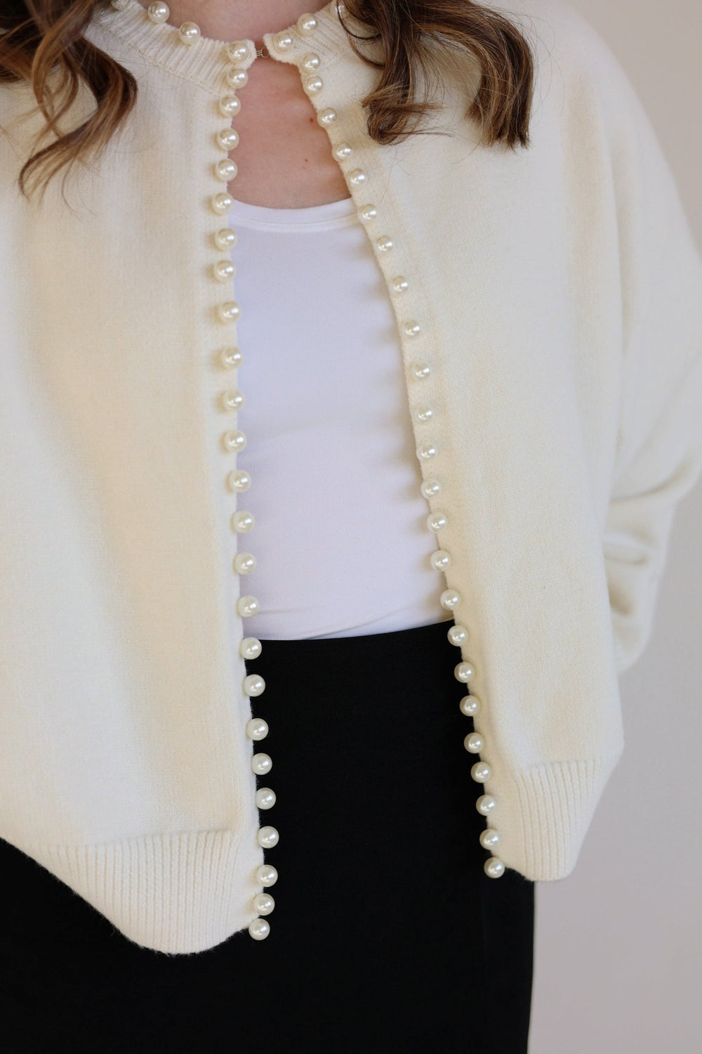 Eloise Pearl Embellished Ivory Knit Cardigan - Bacio & Co.