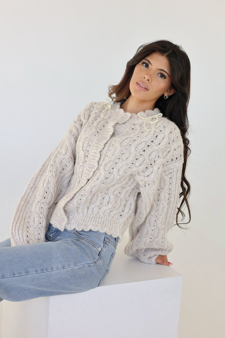 Emilia Scalloped Cable Knit Balloon Sleeve Cardigan - Bacio & Co.