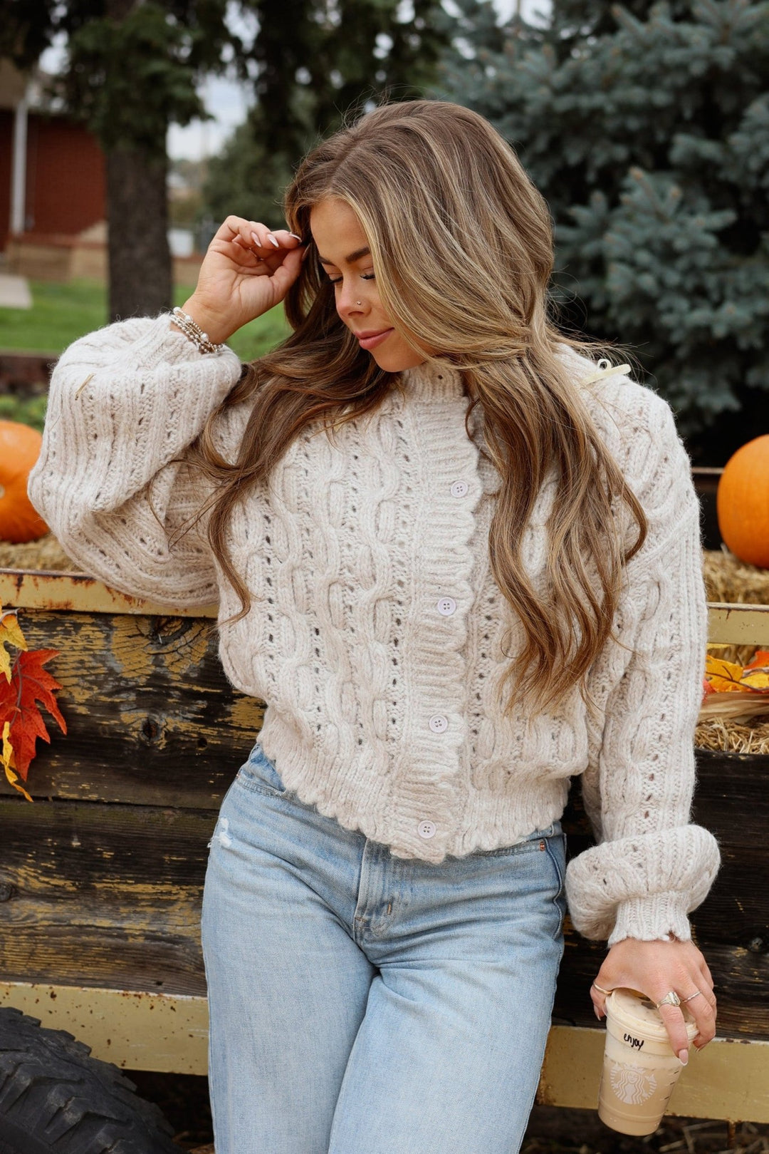 Emilia Scalloped Cable Knit Balloon Sleeve Cardigan - Bacio & Co.