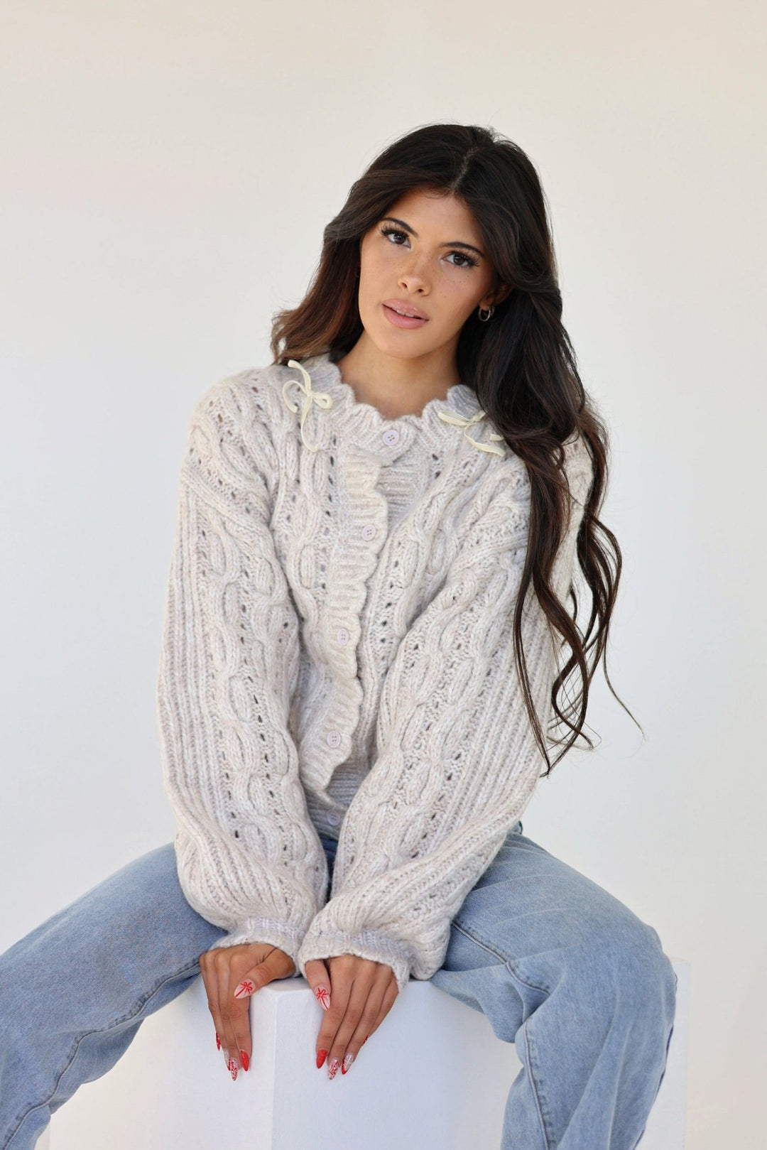 Emilia Scalloped Cable Knit Balloon Sleeve Cardigan - Bacio & Co.