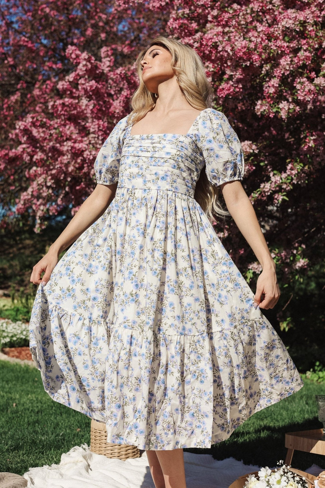 Fioretta Floral Cotton Midi Dress with Bubble Sleeves - Bacio &amp; Co.