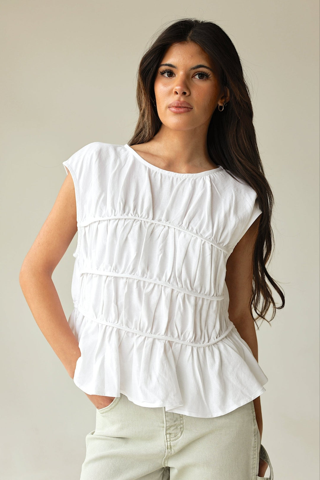 Fresh Start Linen - Blend Ruched Peplum Top - Bacio & Co.