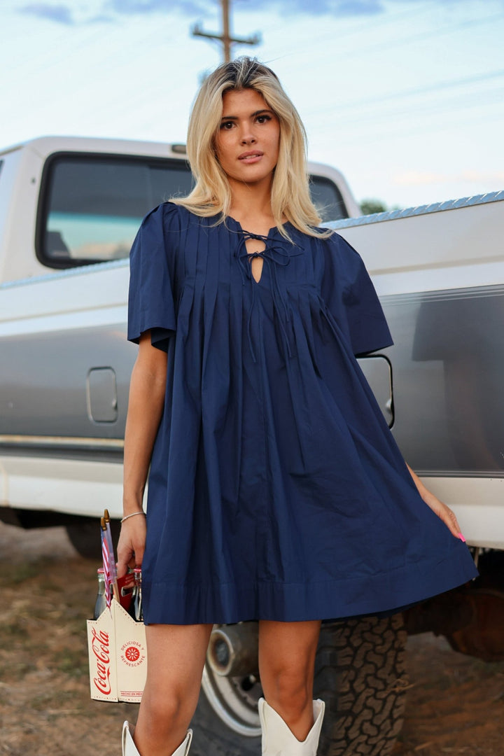 Georgia Pleated Cotton Mini Dress with Flared Sleeves - Bacio &amp; Co.