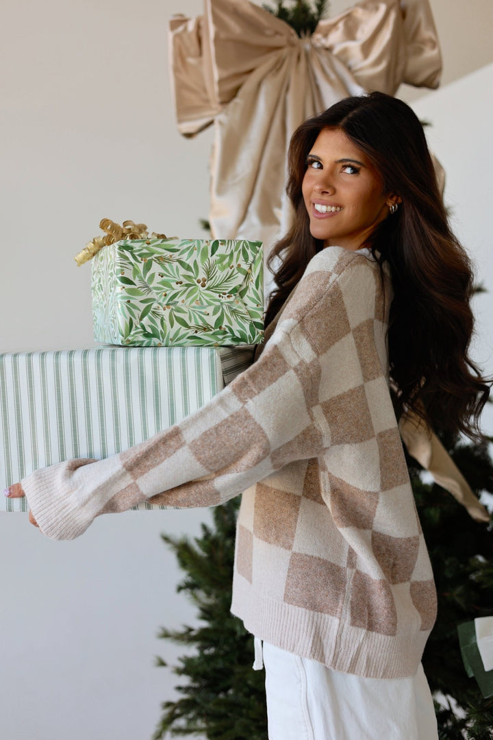 Haven Oversized Neutral Check Knit Sweater - Bacio & Co.