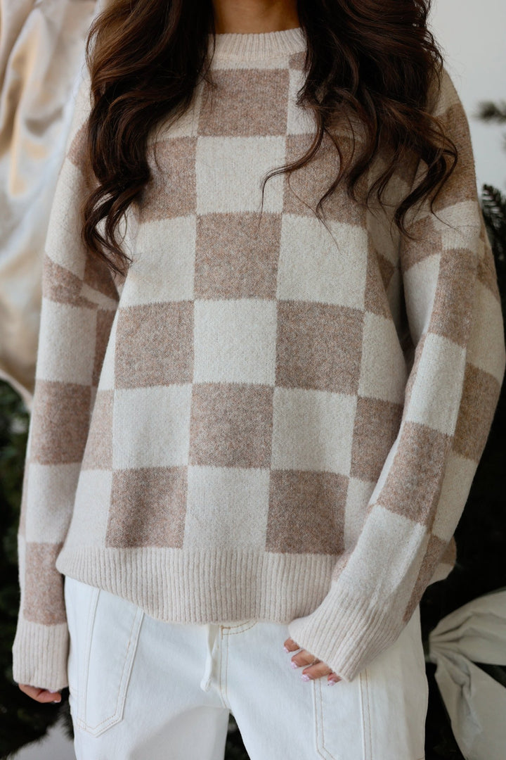 Haven Oversized Neutral Check Knit Sweater - Bacio & Co.