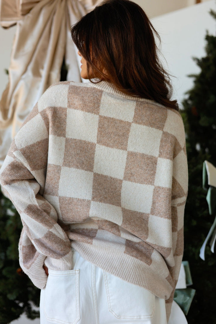 Haven Oversized Neutral Check Knit Sweater - Bacio & Co.