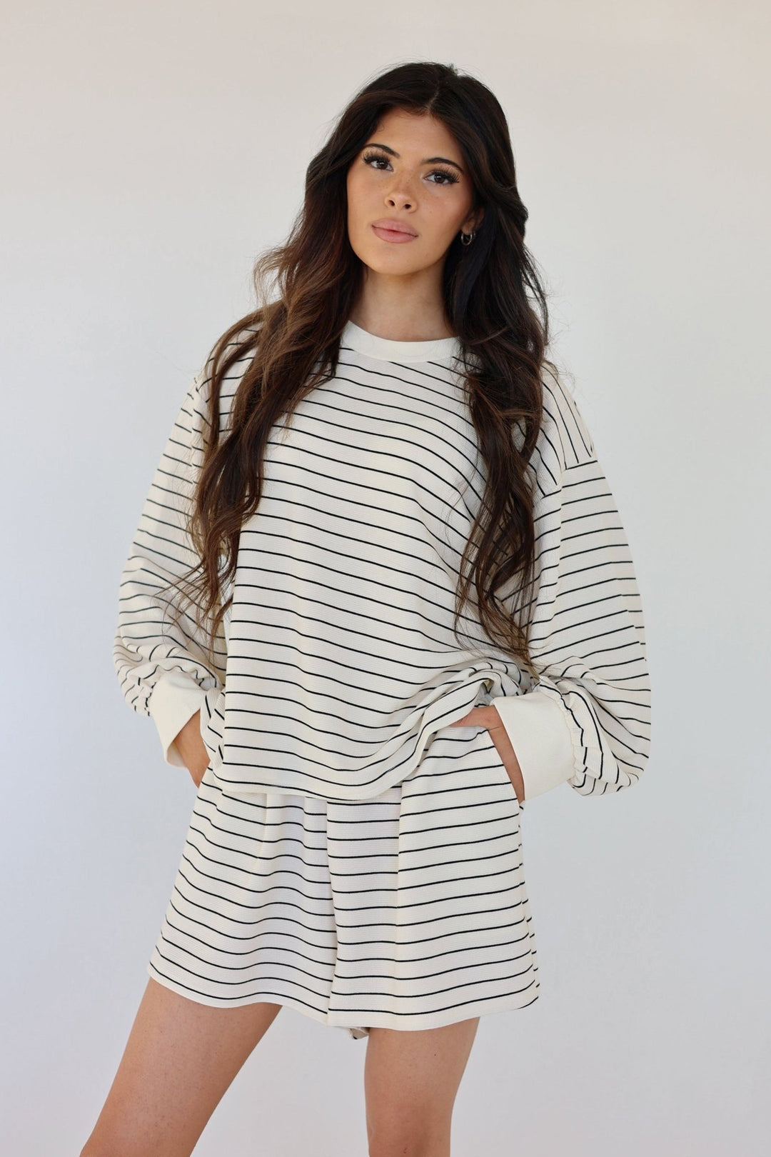 Juliette Relaxed Striped Long Sleeve & Shorts Lounge Set - Bacio & Co.
