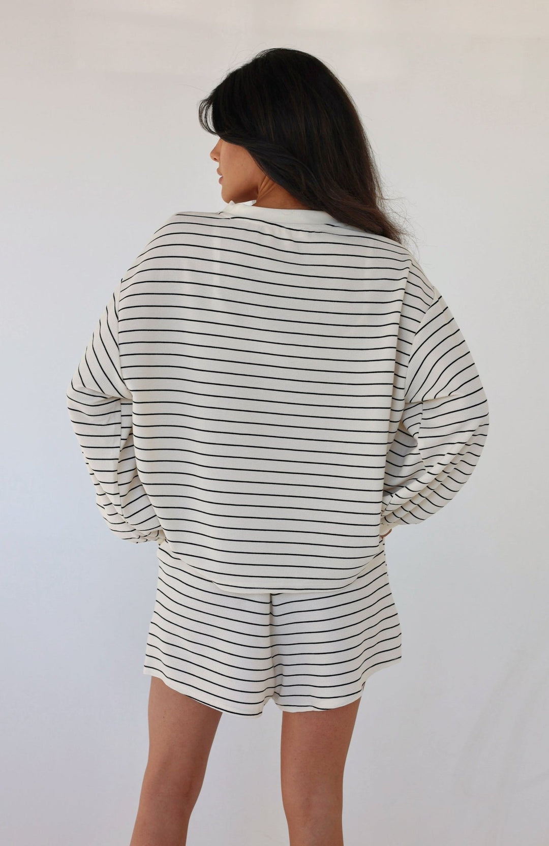 Juliette Relaxed Striped Long Sleeve & Shorts Lounge Set - Bacio & Co.