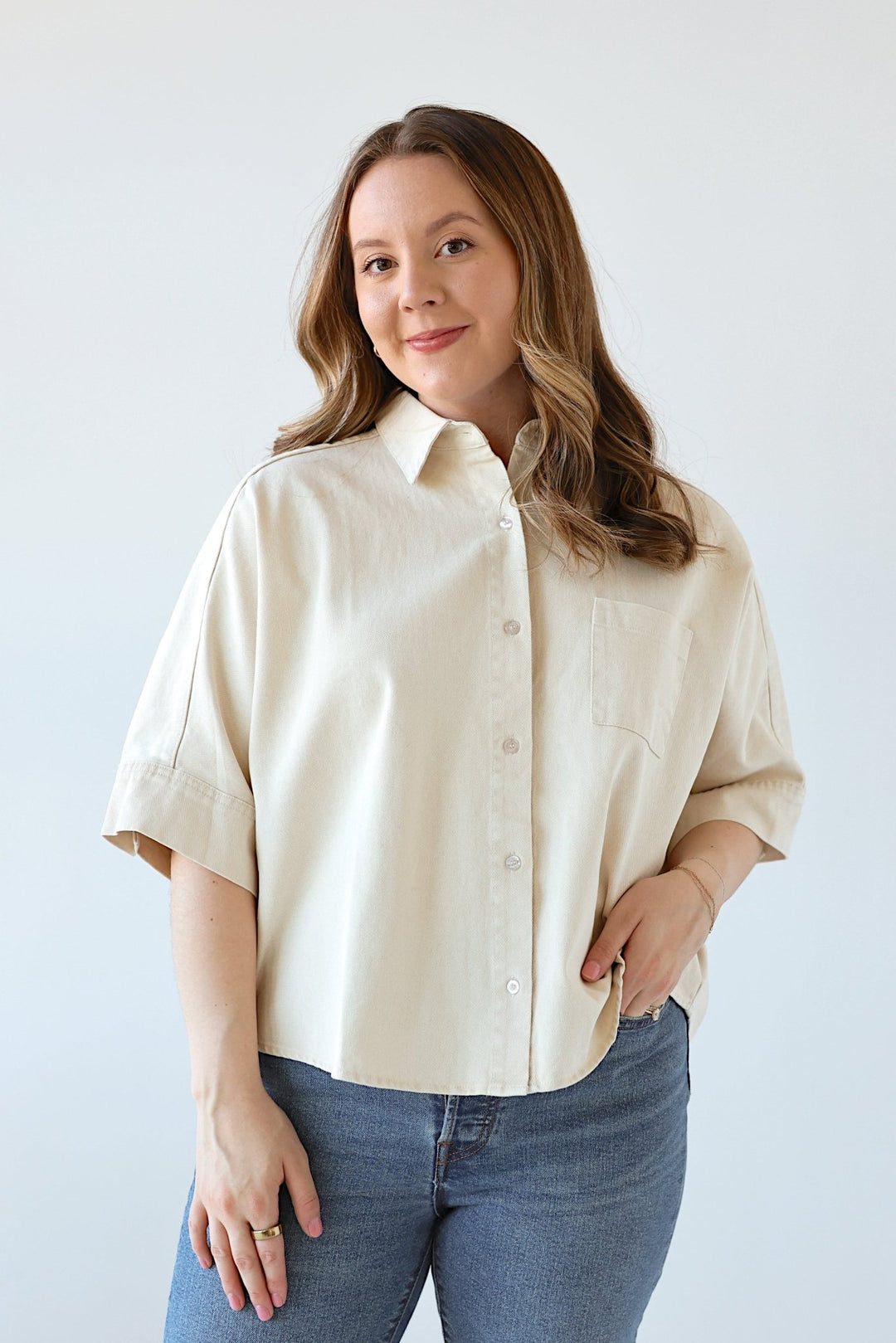 Lauren Relaxed Short Sleeve Cotton Button Down - Bacio & Co.