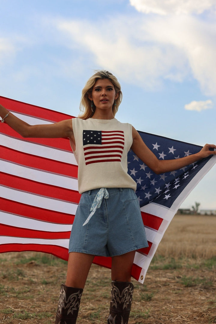 Liberty Sleeveless American Flag Knit Sweater - Bacio & Co.