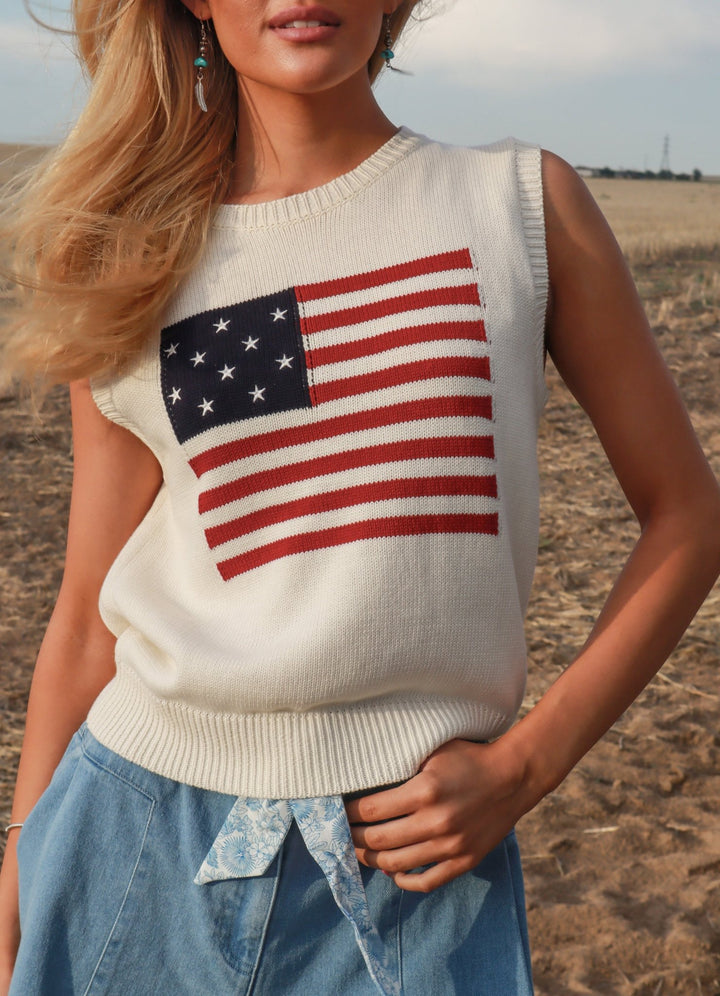 Liberty Sleeveless American Flag Knit Sweater - Bacio & Co.