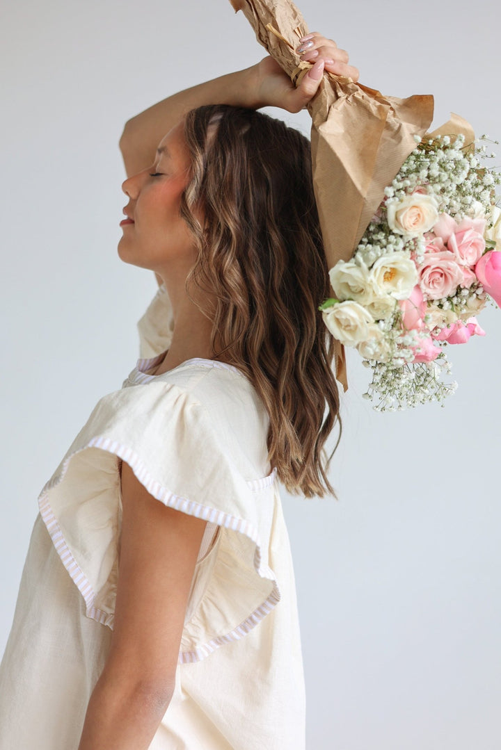 Lucia Flutter Sleeve Blouse with Contrast Trim - Bacio &amp; Co.