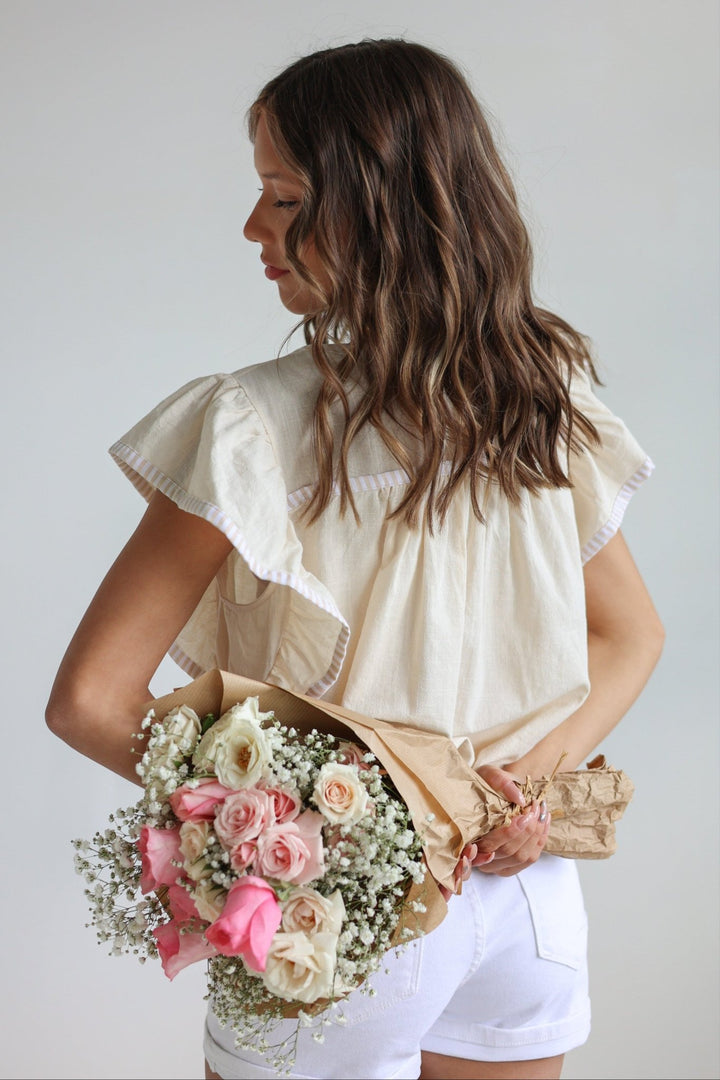 Lucia Flutter Sleeve Blouse with Contrast Trim - Bacio &amp; Co.