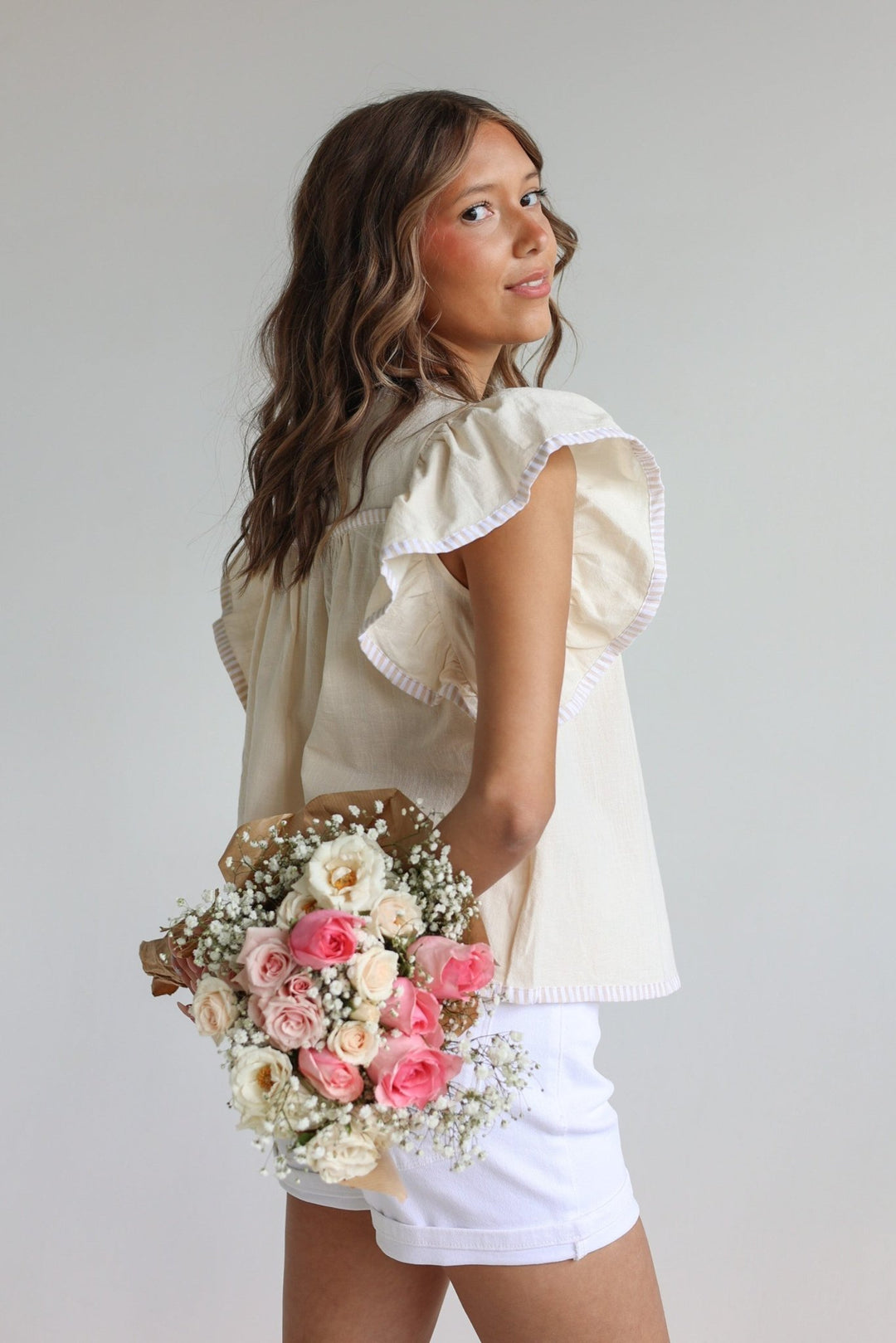 Lucia Flutter Sleeve Blouse with Contrast Trim - Bacio & Co.