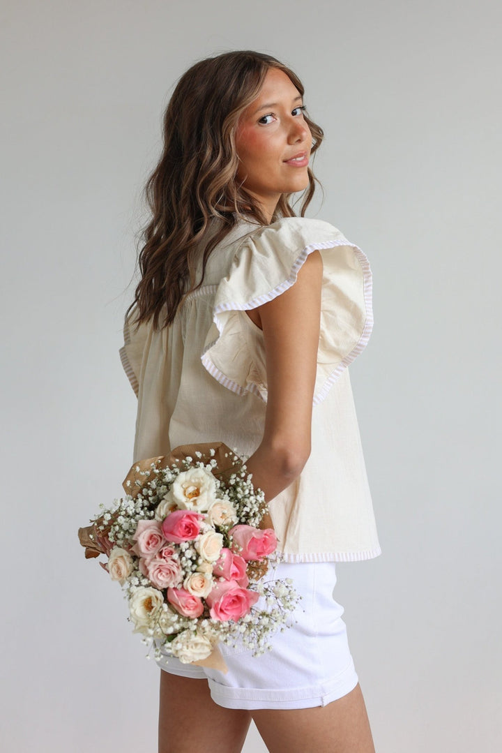 Lucia Flutter Sleeve Blouse with Contrast Trim - Bacio &amp; Co.