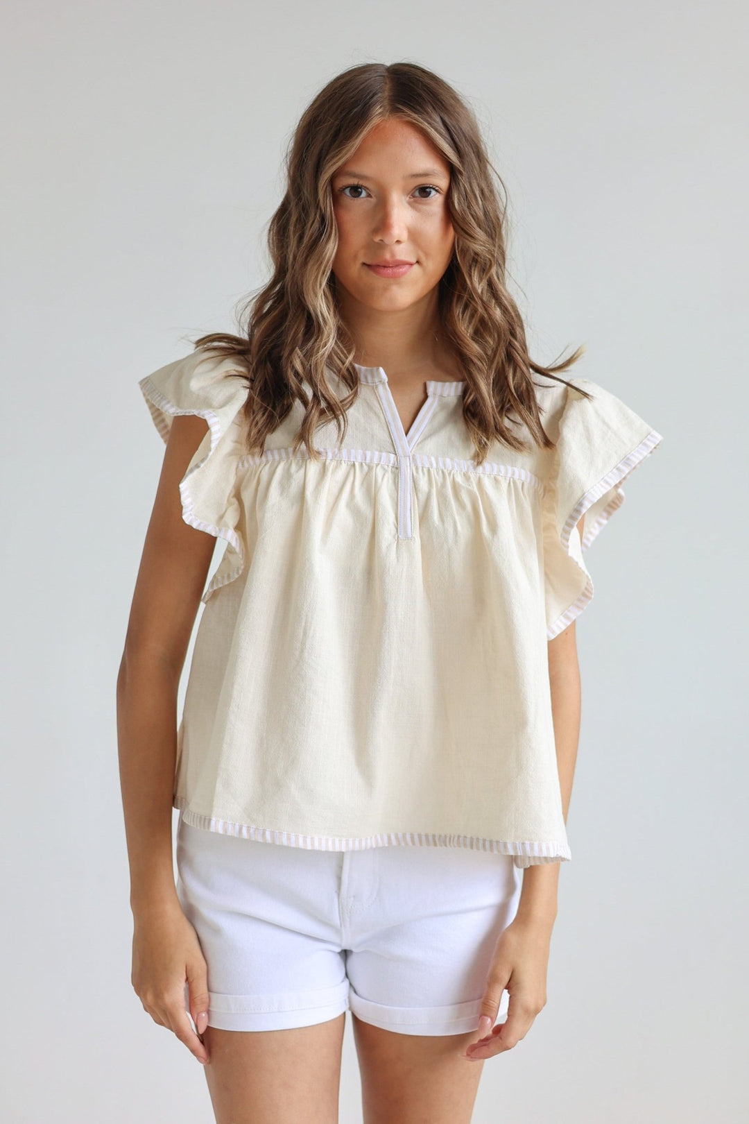 Lucia Flutter Sleeve Blouse with Contrast Trim - Bacio &amp; Co.