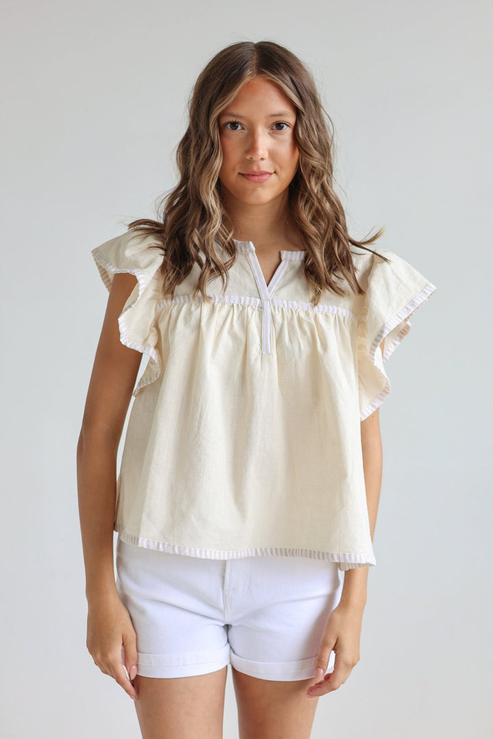 Lucia Flutter Sleeve Blouse with Contrast Trim - Bacio &amp; Co.
