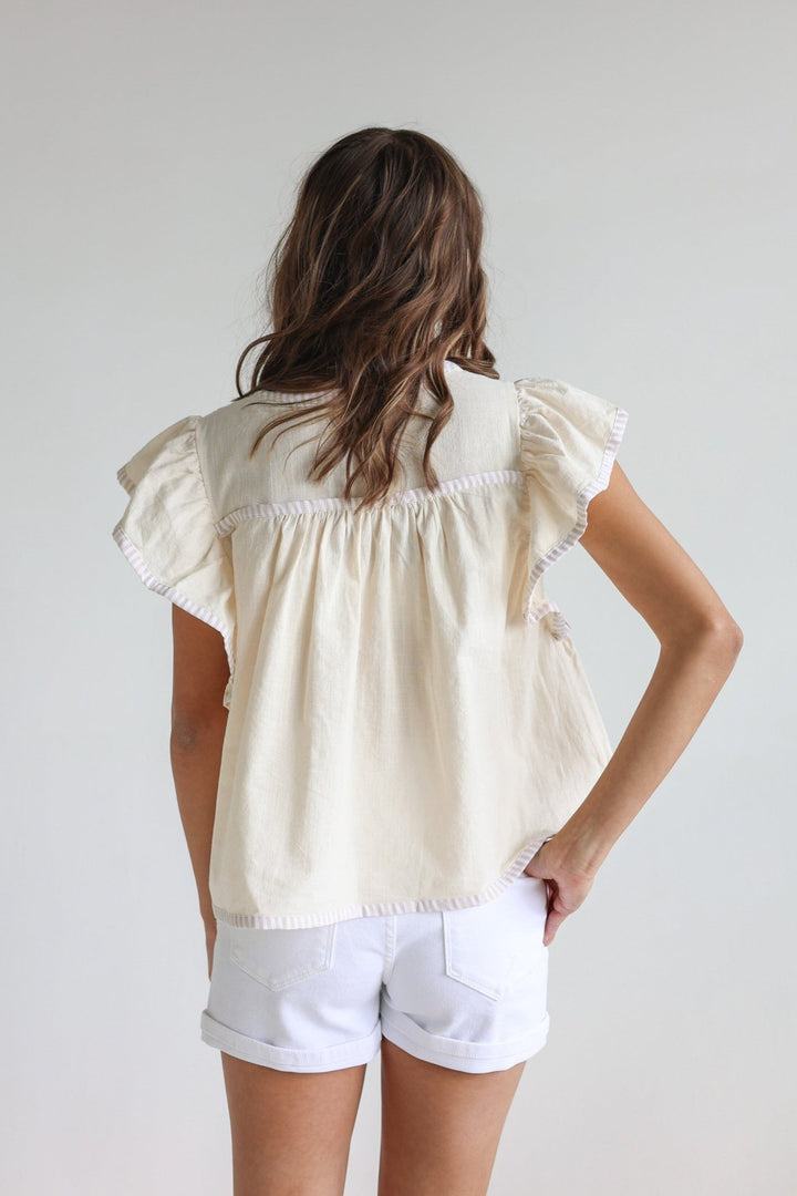 Lucia Flutter Sleeve Blouse with Contrast Trim - Bacio &amp; Co.
