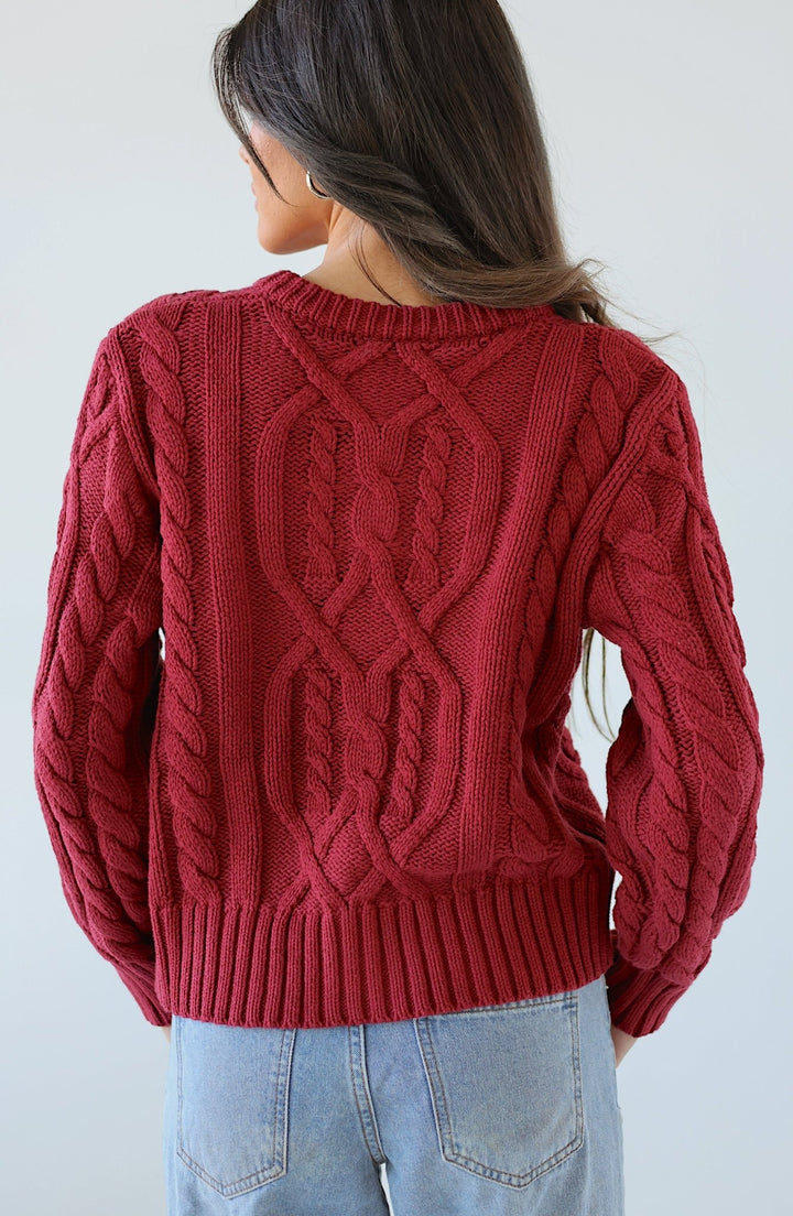 Lucy Relaxed Red Cable Knit Button - Down Cardigan - Bacio & Co.