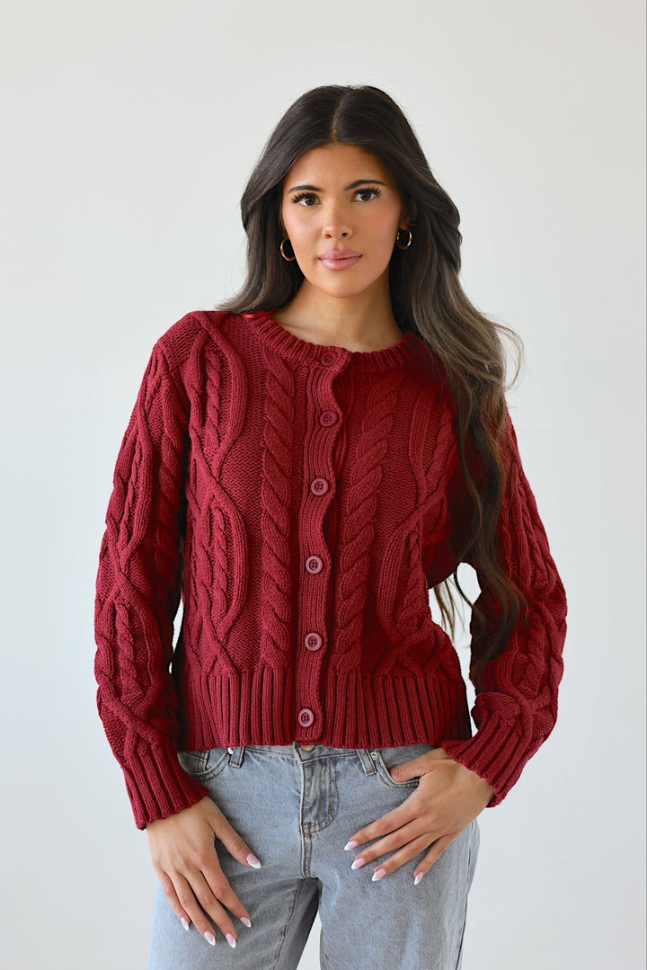 Lucy Relaxed Red Cable Knit Button - Down Cardigan - Bacio & Co.