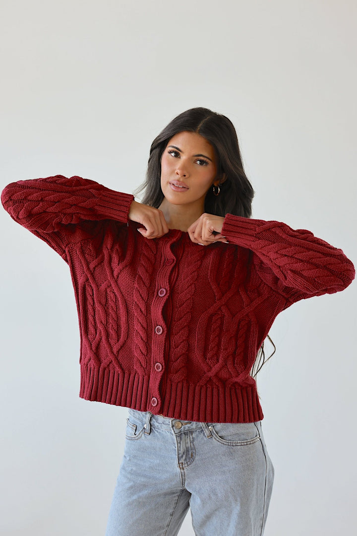 Lucy Relaxed Red Cable Knit Button - Down Cardigan - Bacio & Co.