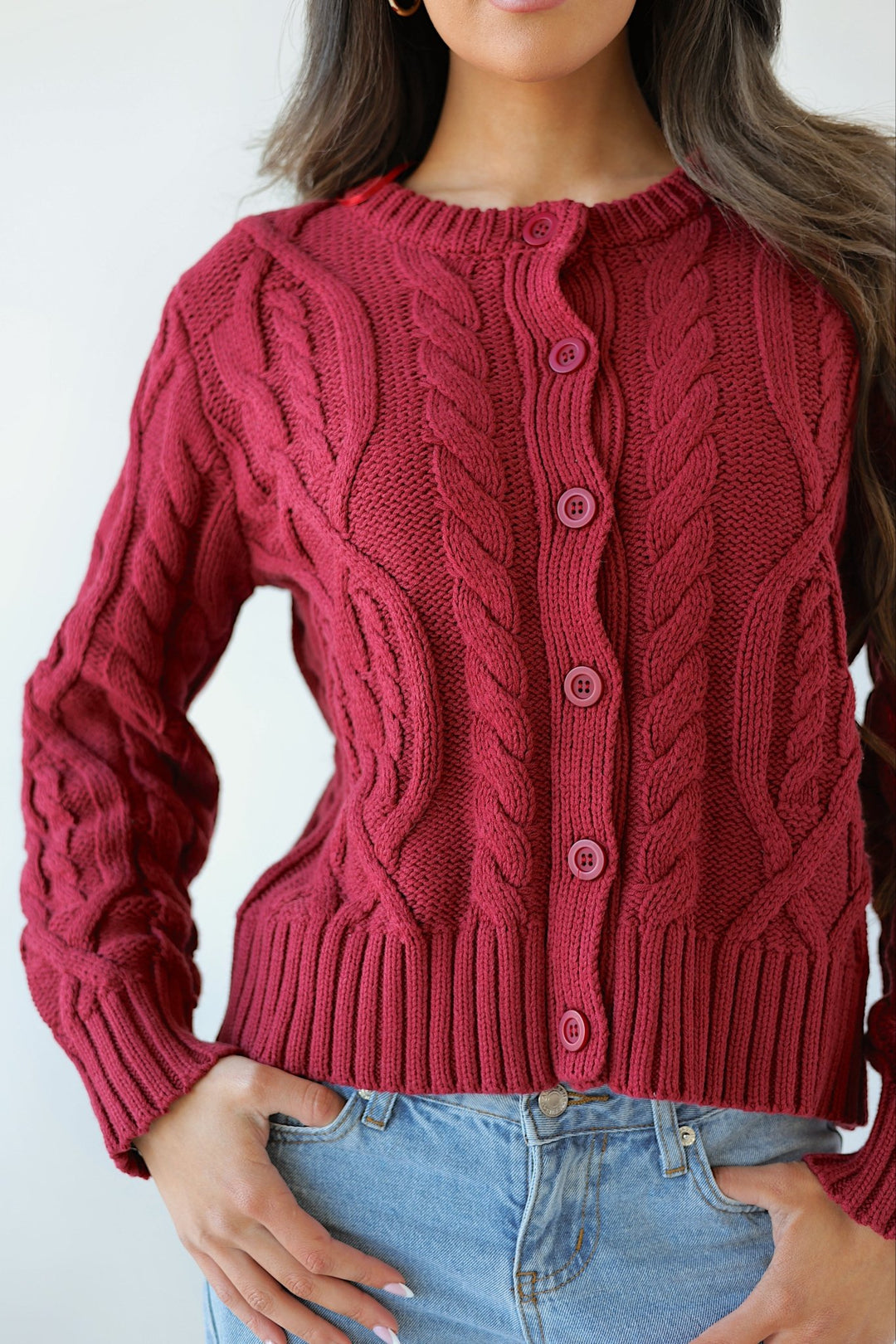 Lucy Relaxed Red Cable Knit Button - Down Cardigan - Bacio & Co.