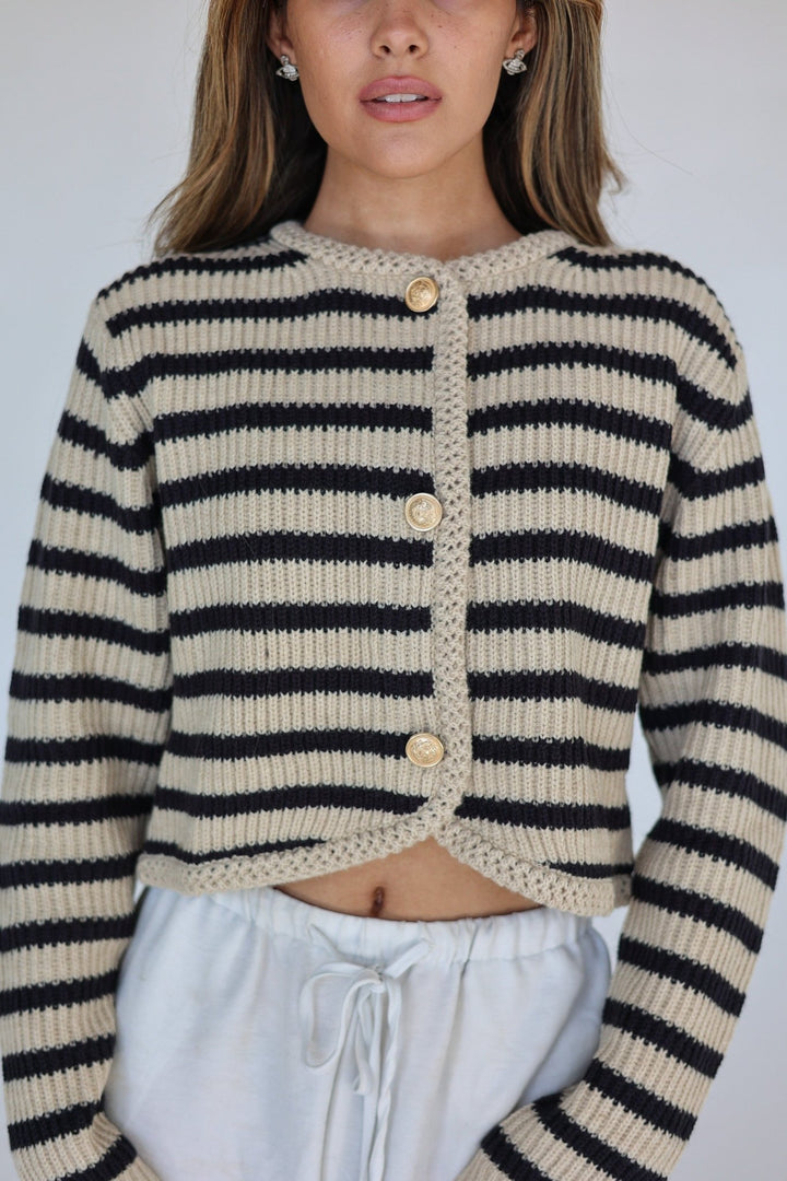Marina Striped Cardigan with Gold Crest Buttons - Bacio & Co.