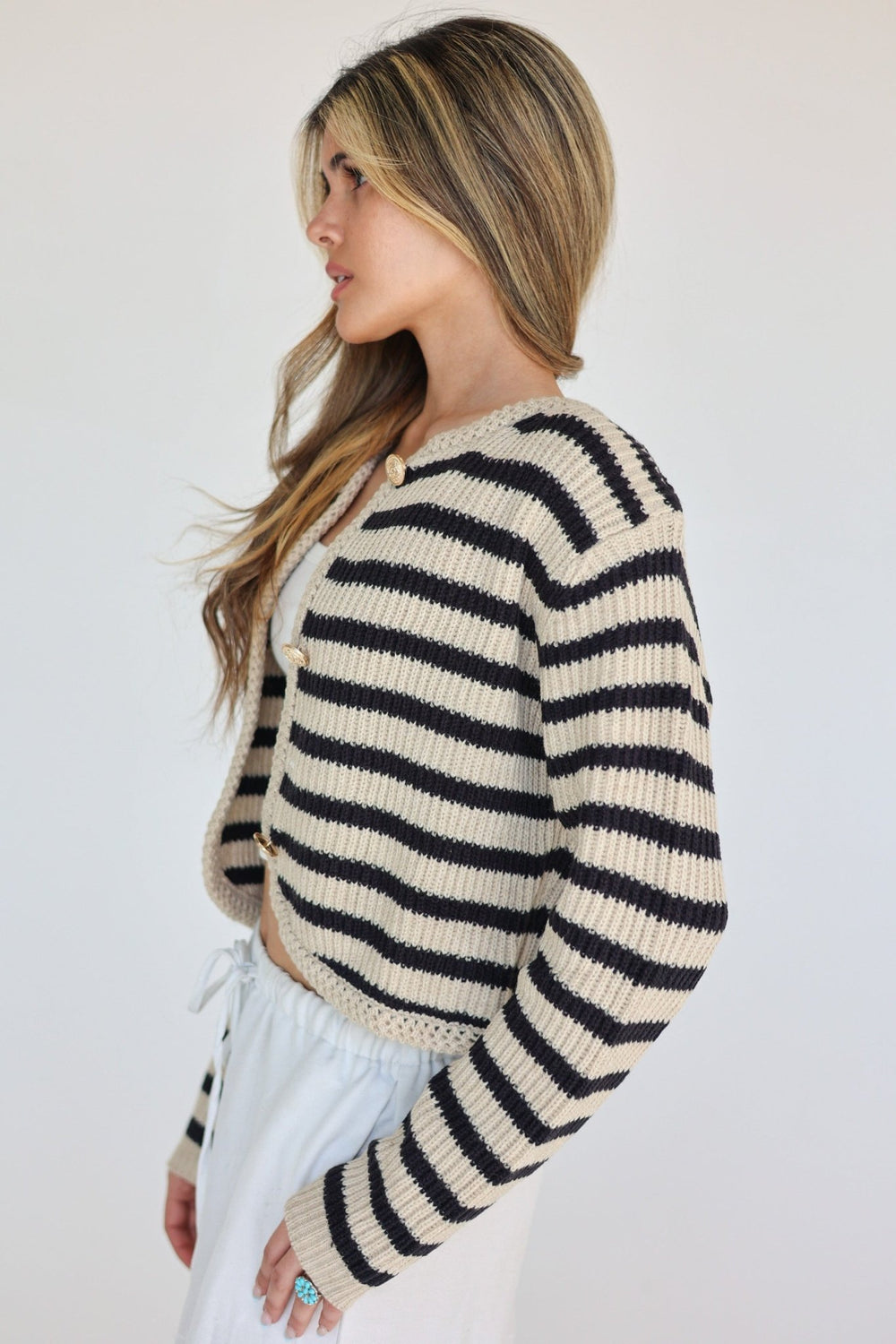 Marina Striped Cardigan with Gold Crest Buttons - Bacio & Co.